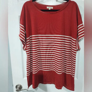 Max Studio Brick Red and Cream Striped Short Sleeve Knit Sweater in Size 2X